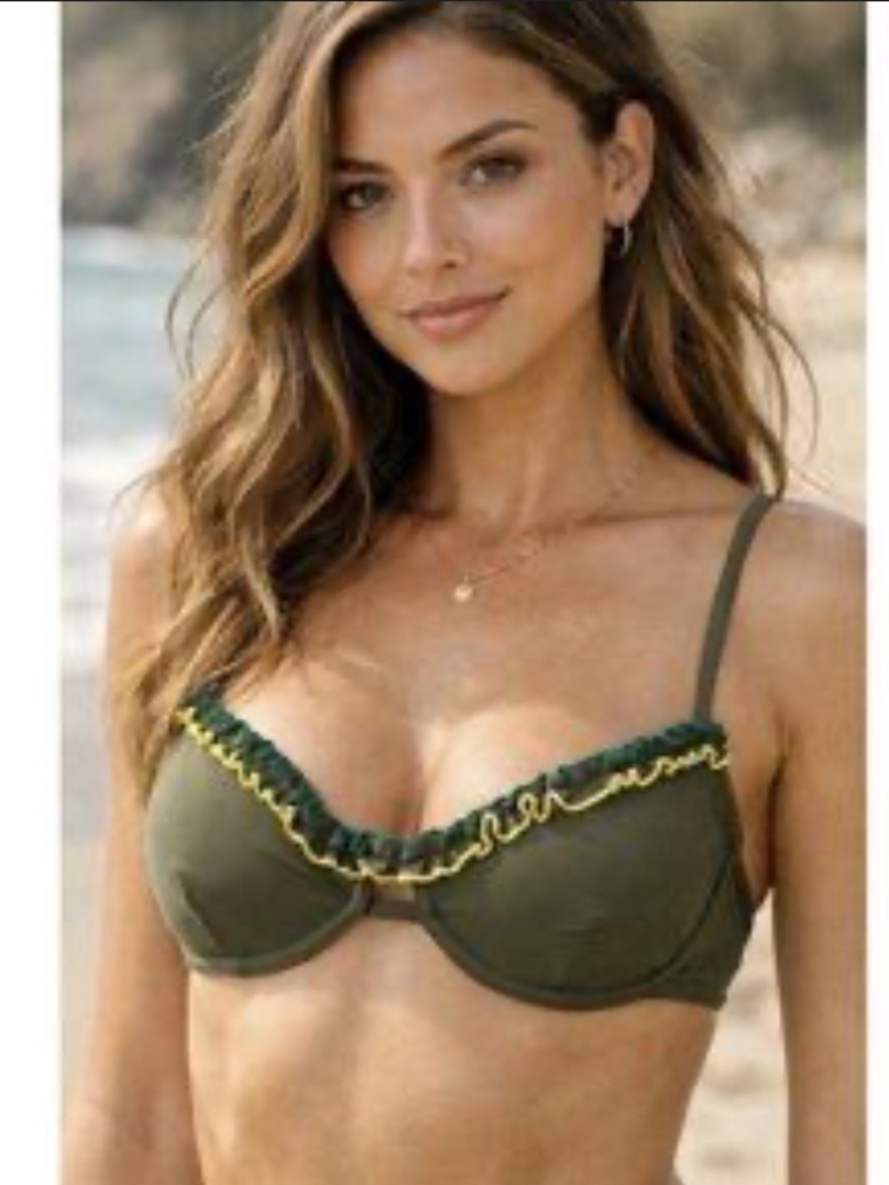 Something Navy daffodil Olive Green ruffle Bikini Top with Yellow & Teal Trim